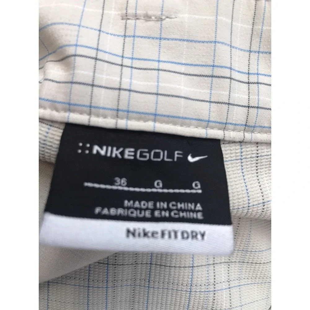 Nike Golf Mens Dri Fit Shorts Logo Chino Sz 36 Beige Plaid Pockets Golf Athletic